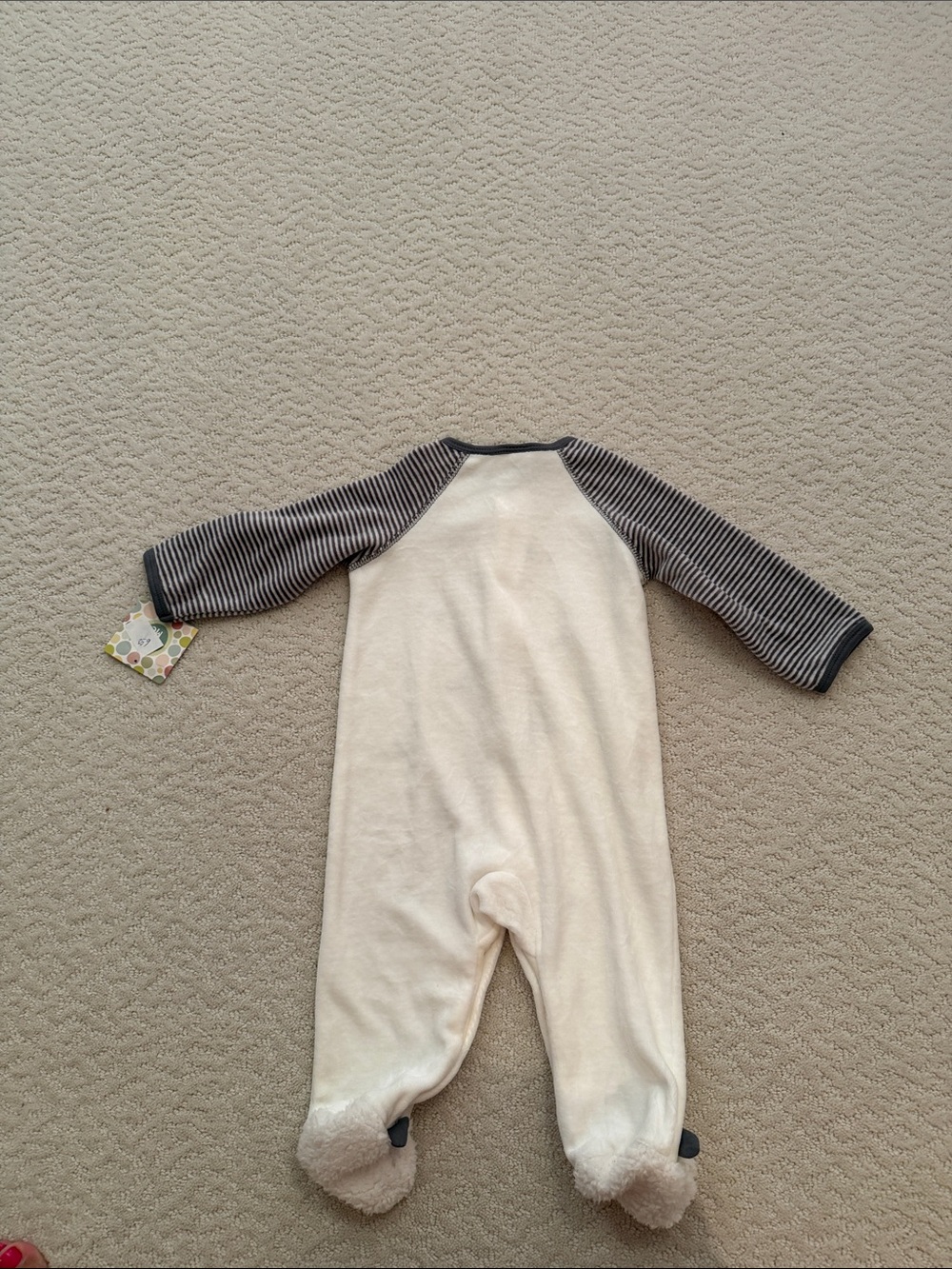 Little Me Cream Footed One-Piece with Gray Striped Sleeves